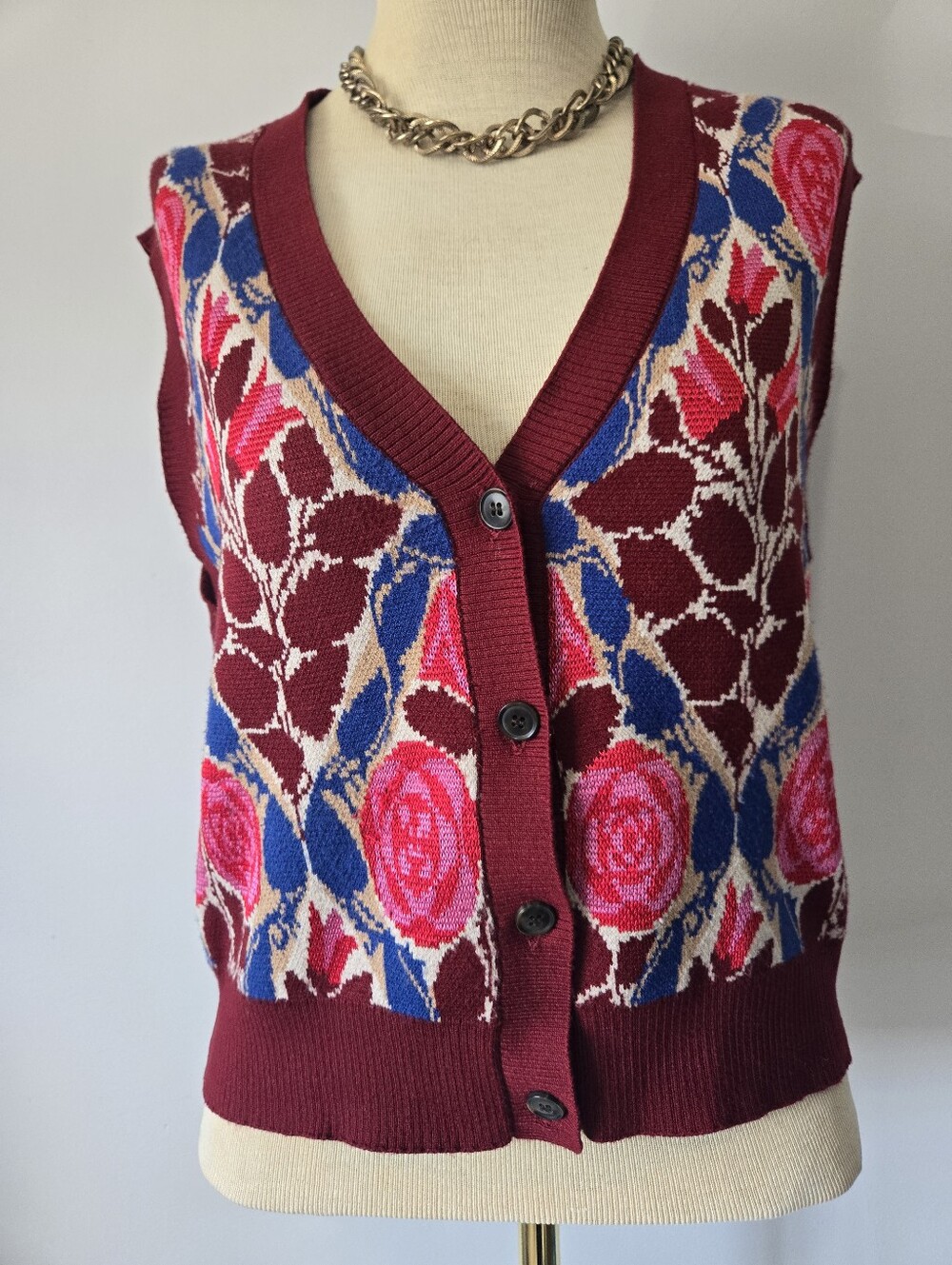 Maeve Anthropologie "Dera" Floral Knit Button-Front Sweater Vest. Size M - Picture 7 of 11